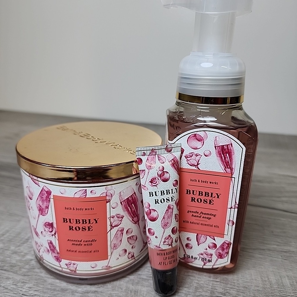 Set/3 Bath & Body Works BUBBLY ROSE Full Size Candle Lip Gloss Foaming Hand Soap
